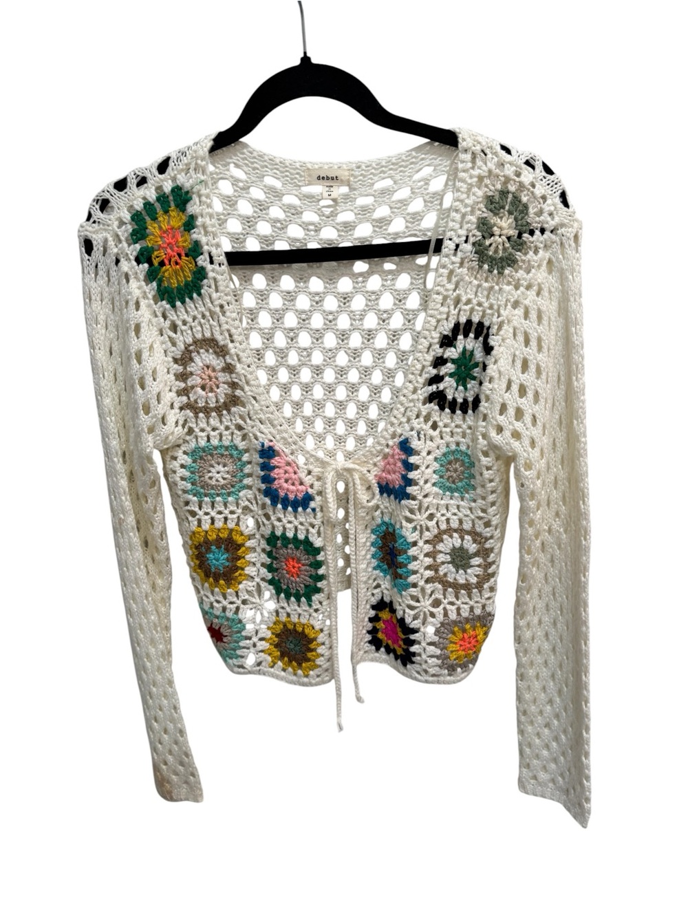 Womens Hippie Boho Festival Cardigan Sz Medium Granny Square Crochet Open Knit